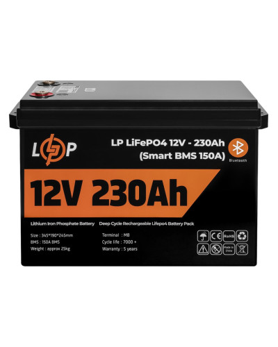 Аккумулятор LP LiFePO4 12V (12,8V) - 230 Ah (2944Wh) (Smart BMS 150А) с BT пластик для ИБП Аккумулятор LP LiFePO4 12V (12,8V) - 230 Ah (2944Wh) (Smart BMS 150А) с BT пластик для ИБП