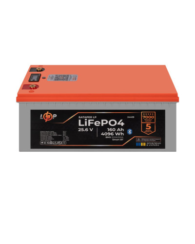 Аккумулятор LP LiFePO4 25,6V - 160 Ah (4096Wh) (BMS 200A/100А) пластик LCD Smart BT Аккумулятор LP LiFePO4 25,6V - 160 Ah (4096Wh) (BMS 200A/100А) пластик LCD Smart BT
