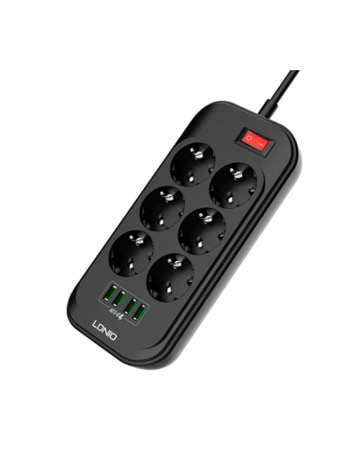 Сетевой фильтр LDNIO SE6403, 6 Розеток + 4 USB, 2 м, сечение 3х0,75мм, Black