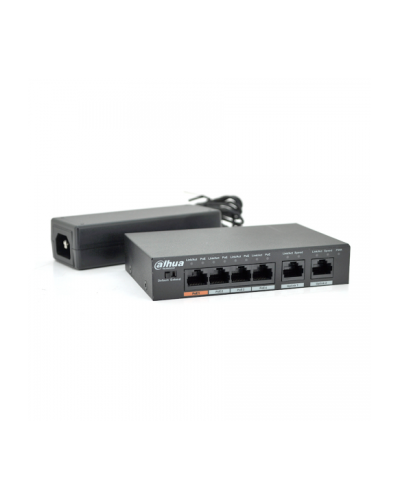 Коммутатор POE Dahua DH-PFS3006-4ET-60 с 4 портами POE 100Мбит + 2 порта Ethernet (UP-Link) 100Мбит, корпус - металл, Black, БП в комплекте Коммутатор POE Dahua DH-PFS3006-4ET-60 с 4 портами POE 100Мбит + 2 порта Ethernet (UP-Link) 100Мбит, корпус - металл, Black, БП в комплекте