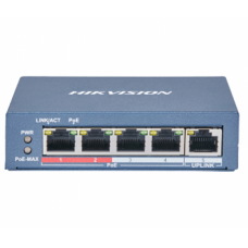 4-портовый неуправляемый POE коммутатор Hikvision DS-3E0105P-E(B) 4xRJ45 (100Мбит/с) PoE ; Uplink порты: 1xRJ45 (100Мбит/с )